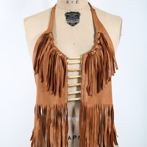 Artisan Handmade Leather Halter Top with Fringe & Beads Stagecoach Biker Rock - Picture 2 of 5